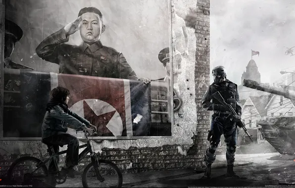 Картинка велосипед, плакат, солдат, лидер, Homefront, КНДР, Ким Чен Ын