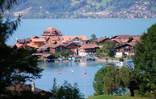 Картинка пейзаж, горы, озеро, дома, Швейцария, Switzerland, деревья., Берн