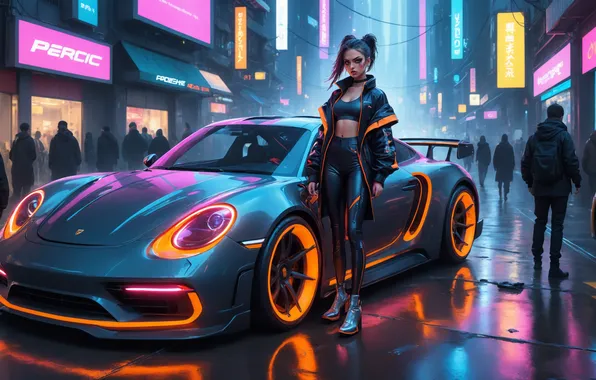 Car, city, Porsche, rain, night, neon, women, reflection