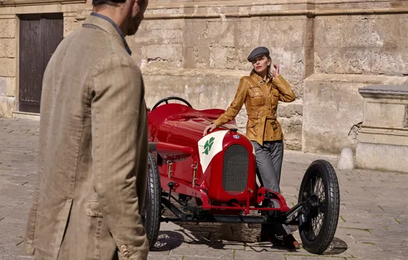 Картинка Красный, Девушка, Alfa Romeo, Двое, Мужчина, Sports car, 1923, Спортивный автомобиль