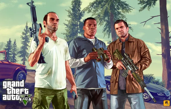 Картинка Майкл, Grand Theft Auto V, Rockstar Games, Тревор, Франклин