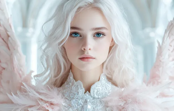 Взгляд, девушка, портрет, крылья, ангел, перья, фэнтези, блондинка