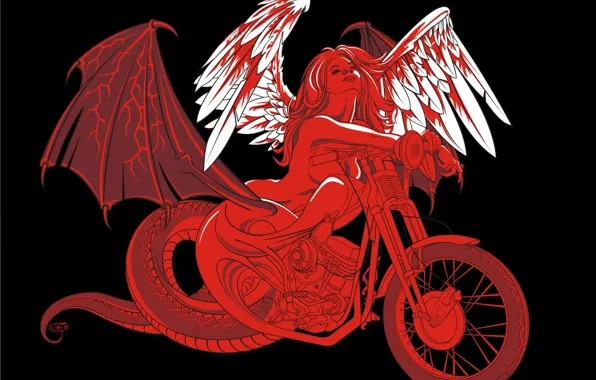 Девушка, крылья, вектор, мотоцикл