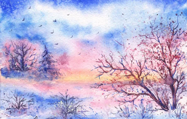 Картинка зима, снег, деревья, птицы, акварель, нарисованный пейзаж