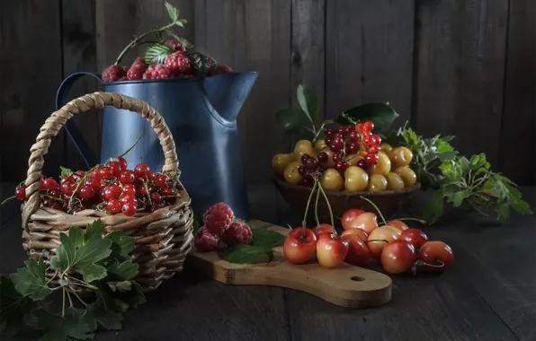 Листья, ягоды, малина, стол, доски, лейка, натюрморт, корзинка