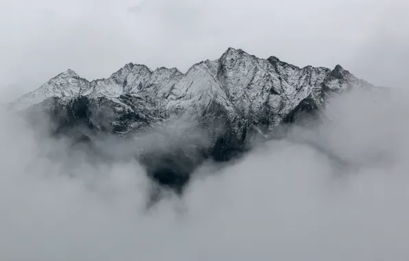 Mountains, clouds, snow, peaks