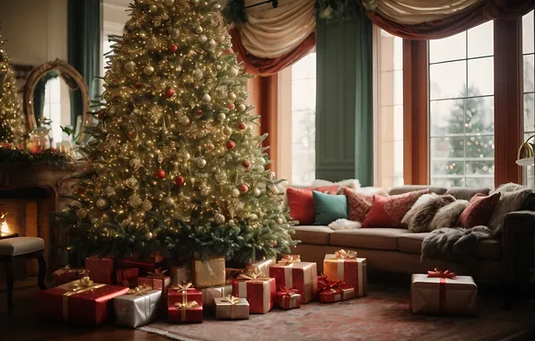 Картинка украшения, комната, елка, интерьер, Рождество, подарки, Новый год, Christmas