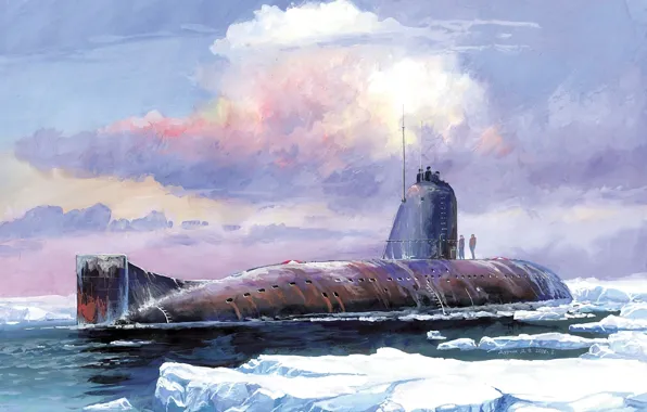 Картинка небо, вода, облака, лодка, арт, льды, СССР, подводная