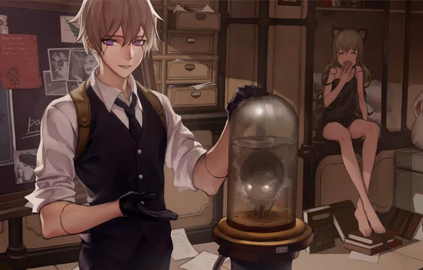 Картинка девушка, комната, робот, аниме, арт, парень, auer