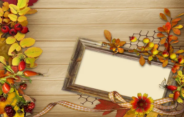 Картинка осень, листья, цветы, ягоды, рамка, vintage, background, autumn