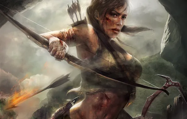 Картинка девушка, кровь, лук, арт, Tomb Raider, стрелы, lara croft, кирка