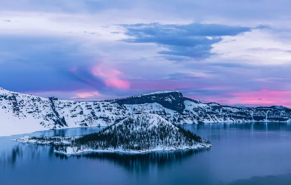 Картинка восход, рассвет, остров, Орегон, Oregon, Crater Lake, Crater Lake National Park, Озеро Крейтер