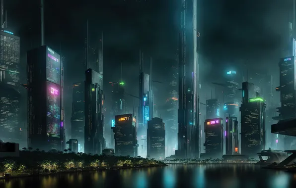 City, future, landscape, night, art, lake, fantastic, neon