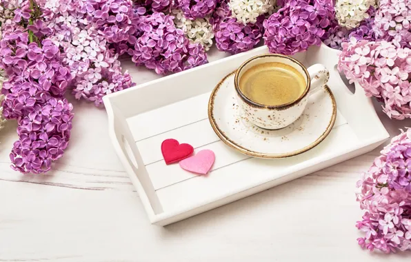 Картинка цветы, flowers, сирень, romantic, hearts, coffee cup, lilac, чашка кофе