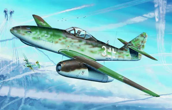 Картинка aviation, ww2, German Fighter, Messerschmitt Me262A1a, painting.jet, war, art