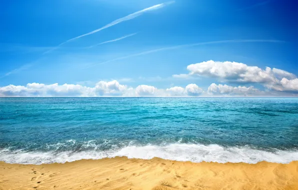 Картинка песок, море, пляж, небо, берег, beach, sea, seascape