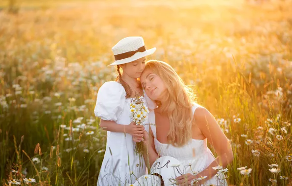 Картинка поле, лето, цветы, природа, женщина, ромашки, девочка, шляпка