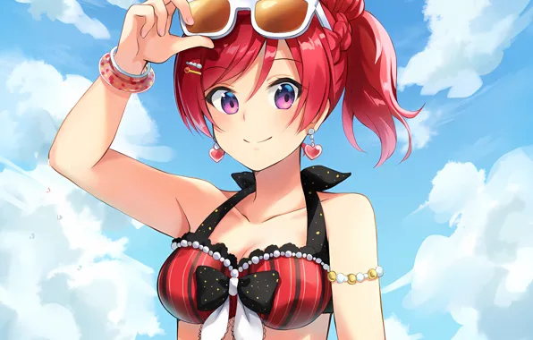 Girl, sexy, cleavage, sky, red hair, long hair, boobs, anime