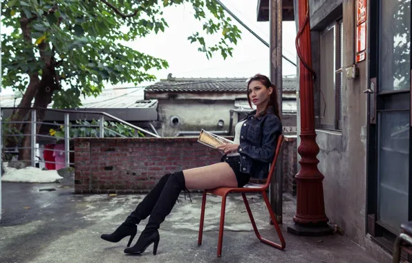 Взгляд, поза, ножки, азиатка, милашка, asian, терасса, cutie