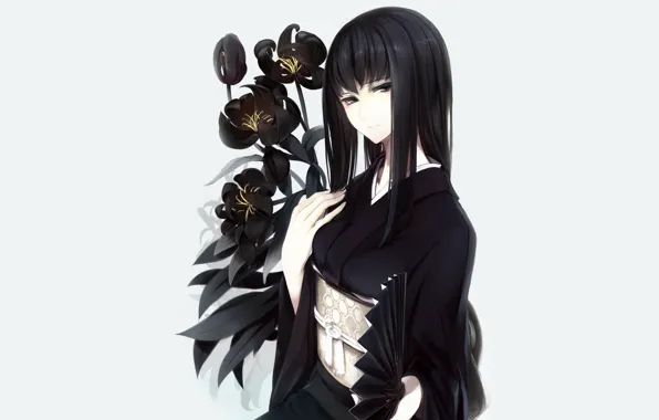 Картинка Девушка, веер, кимоно, черные ирисы