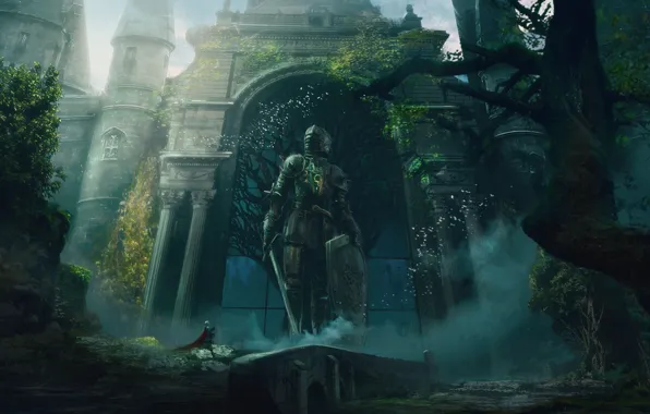 Картинка sword, fantasy, armor, trees, weapon, castle, gates, digital art