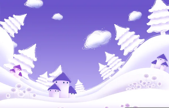 Картинка зима, фиолетовый, облака, снег, елки, вектор
