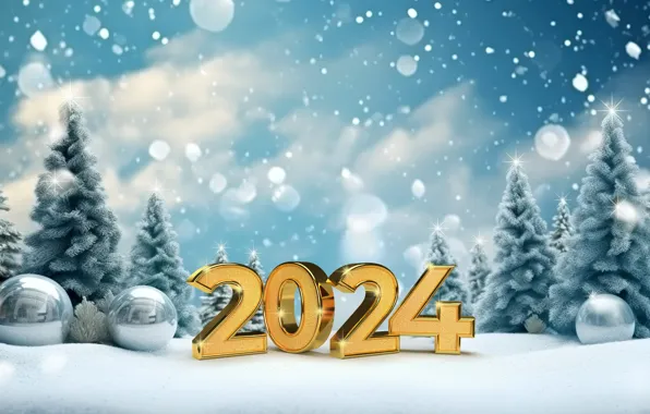 Зима, снег, шары, елка, Новый Год, Рождество, цифры, golden