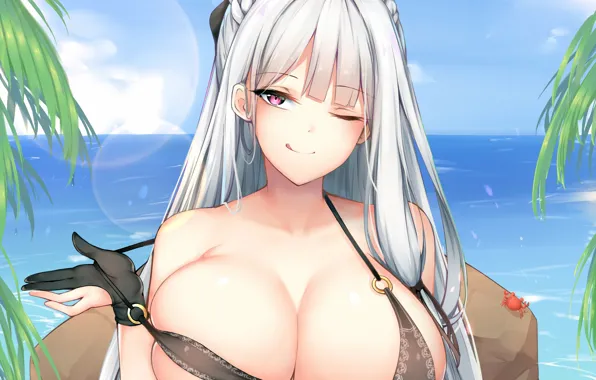 Girl, sexy, cleavage, sky, long hair, sea, boobs, anime