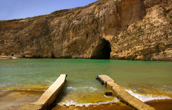 Картинка море, небо, скалы, пещера, грот, Мальта, Гозо