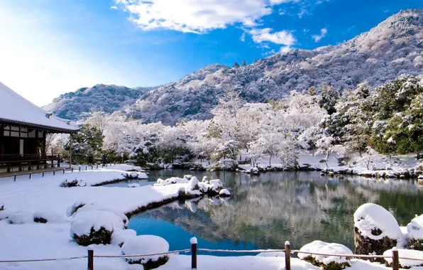 Картинка зима, небо, снег, деревья, горы, озеро, дом