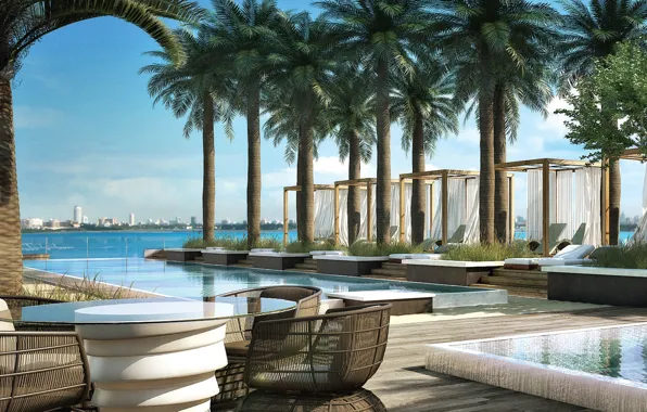 Пляж, город, пальмы, океан, бассейн, Miami, Biscayne Beach