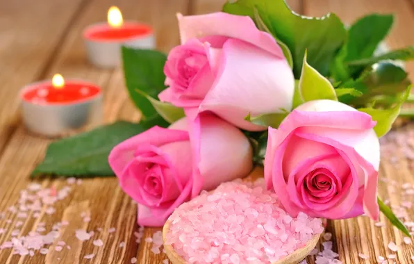 Картинка розы, свечи, лепестки, розовые, бутоны, соль