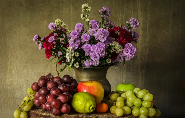 Цветы, яблоки, букет, виноград, фрукты, натюрморт, груши, flowers