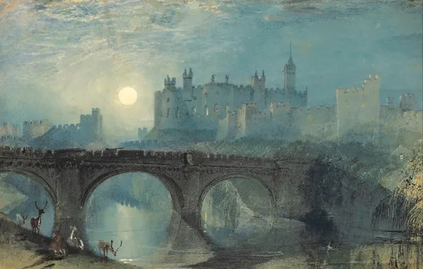 Картинка солнце, пейзаж, закат, мост, река, Англия, картина, олени