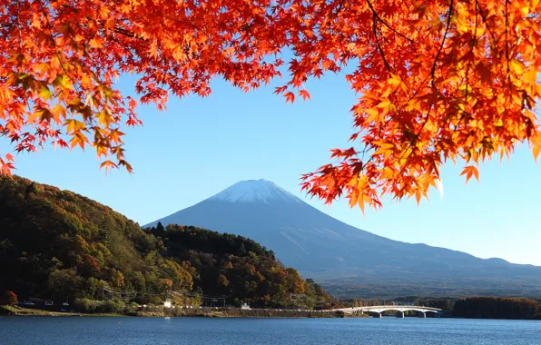 Картинка осень, небо, листья, деревья, мост, озеро, Япония, гора Фудзияма