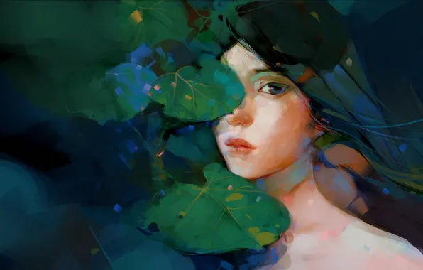 Картинка взгляд, листья, арт, нарисованная девушка