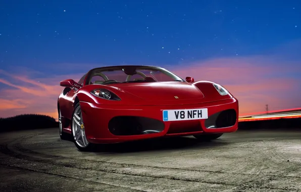 F430, Ferrari, Red, Sky, Stars, Sunset, Scuderia, Spider