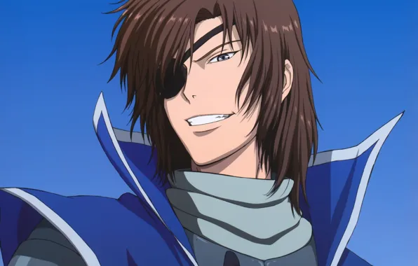 Взгляд, улыбка, парень, синий фон, Sengoku Basara, Эпоха Смут