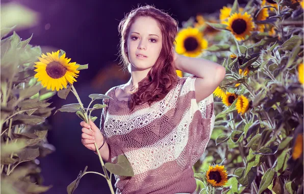 Картинка девушка, подсолнухи, цветы