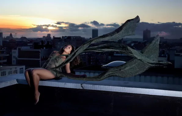 Крыша, девушка, город