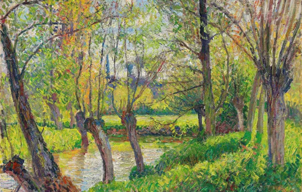 Картинка Трава, Деревья, Картина, Camille Pissarro, Камиль Писсарро, Французский живописец, Берега Эпте в Эраньи