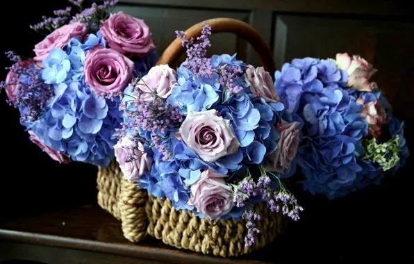 Картинка цветы, розовый, голубой, розы, корзинка, гортензия