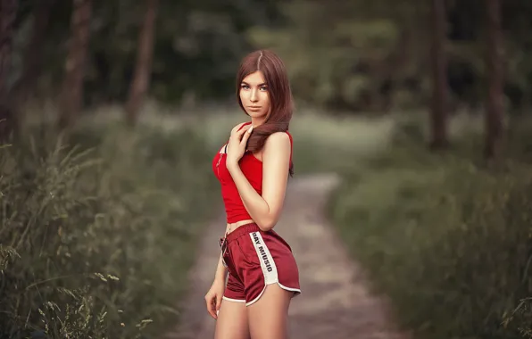 Лес, девушка, природа, шорты, майка, брюнетка, дорожка, Rounge Evgen
