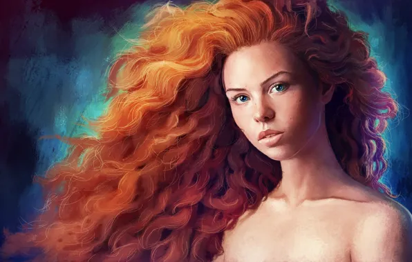 Картинка взгляд, девушка, рыжая, кудри