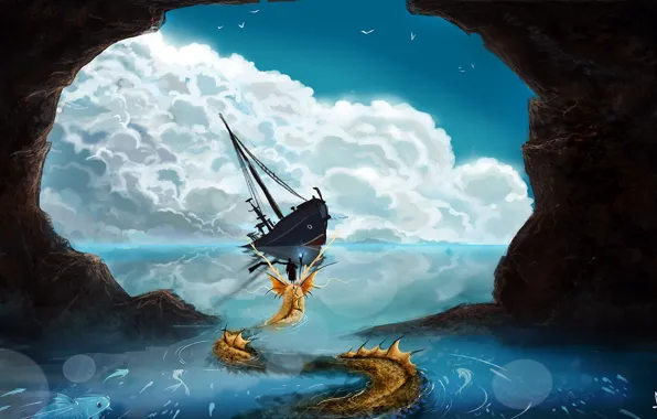 Картинка море, фантастика, человек, арт, посох, корабль. скалы, морское существо