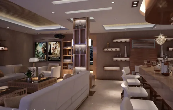 Цветок, комната, стулья, бутылки, HOME THEATER AREA