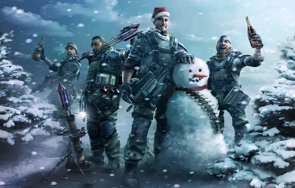 Картинка зима, радость, снеговик, мужики, Killzone 2