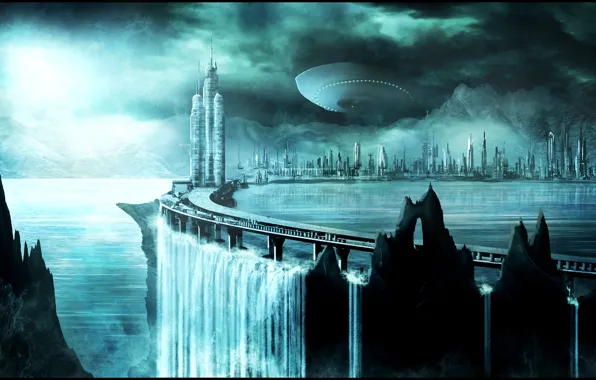 City, waterfall, on the edge