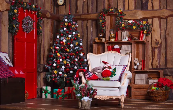 Украшения, комната, шары, игрушки, елка, Новый Год, Рождество, подарки