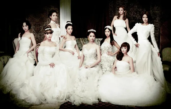 Девушки, позирование, белые, невеста, азиатки, платья, SNSD, Girls Generation
